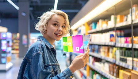 Young asian woman shopping at the supermarket and using mobile phone.の素材