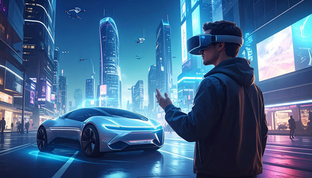 Man in virtual reality helmet with a car on the background of the cityの素材