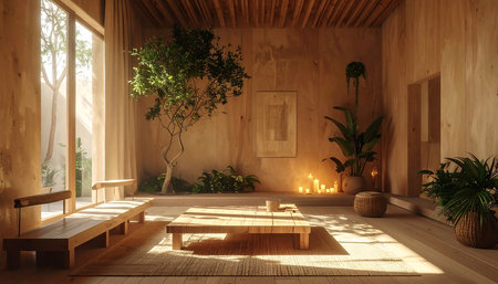 Interior of a Japanese style room with wooden furniture, 3d renderの素材