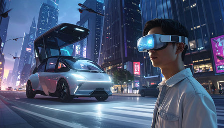 3d rendering of asian man wearing virtual reality glasses with cityscape backgroundの素材