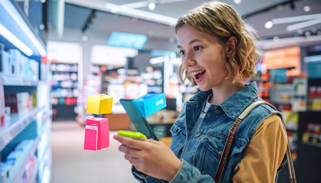 Portrait of smiling young woman holding credit card and shopping in supermarketの素材