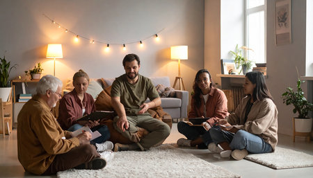 Happy family spending time together at home. Multiethnic people sitting on the floor and talking.の素材