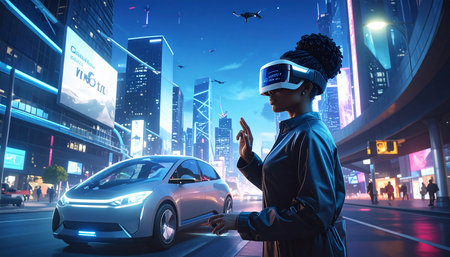 African american woman using virtual reality headset in the city at nightの素材