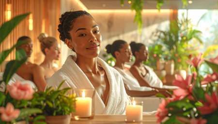 Beautiful young African-American woman relaxing in spa salon with friendsの素材
