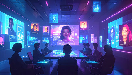 Silhouettes of people in conference room with virtual screens in backgroundの素材