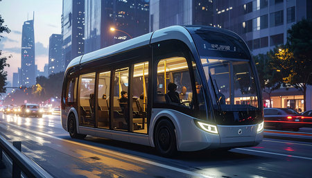 Modern city bus in Hong Kong at night.の素材