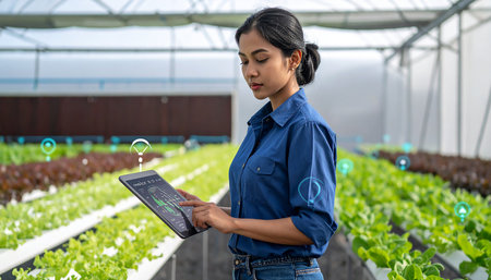 Young asian woman using digital tablet in hydroponic vegetable farmの素材