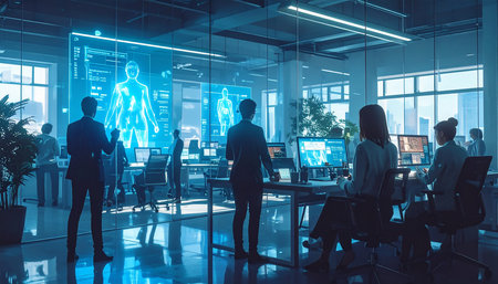 Silhouettes of businesspeople working in modern office with glowing robot hologram. Toned image double exposureの素材