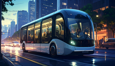 Modern bus in the city at night. 3d rendering image.の素材