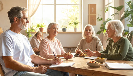 Happy senior couple with adult son and daughter spending time together at homeの素材