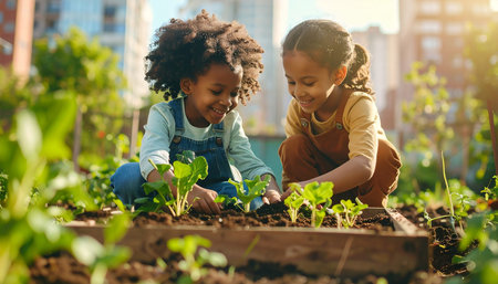 Caring for the environment. Cheerful dark-skinned children planting seedlings in the gardenの素材