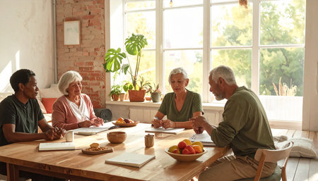 Senior people sitting at table, talking and drinking coffee in living roomの素材