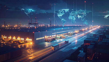 Cargo container terminal with freight transportation and world map at night.の素材