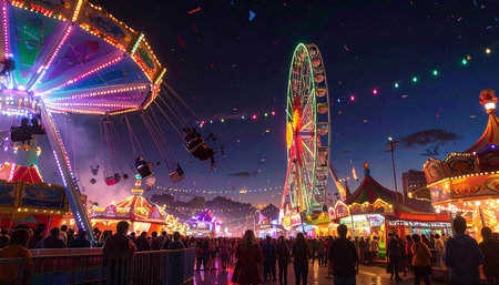 Unidentified people at the fairground rides in Munich, Germany.の素材