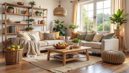 Living room interior with sofa, coffee table, bookshelf and plantsの素材