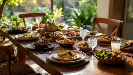 Traditional Turkish and Greek dinner appetizer table with meat and vegetables.の素材