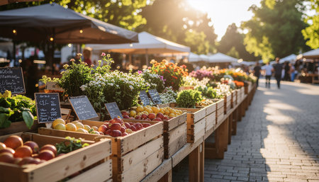 Fruits and vegetables in wooden boxes on the street market in summerの素材
