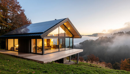 Luxury house with a beautiful view on the mountains and fogの素材