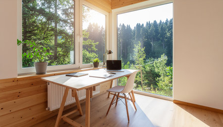 Interior of a modern house, dining room with wooden floor. Nobody insideの素材
