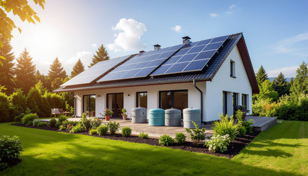 House with solar panels and photovoltaic cells on roof.の素材