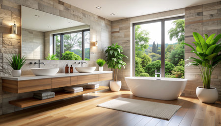 Bathroom interior design. 3D Rendering. Bathroom with a view of the countryside.の素材