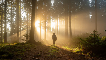 Hiker in the misty forest at sunrise. Beautiful landscape.の素材