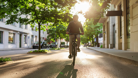 Young man riding a bicycle in the city on a sunny day.の素材