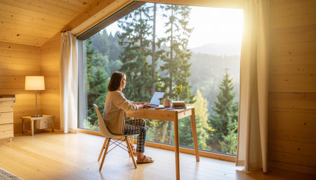 Woman working on a laptop in a wooden house with a view of the mountainsの素材