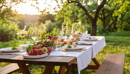 Table set for an event party or wedding reception in the garden.の素材
