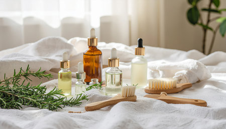 Spa and aromatherapy concept. Aromatherapy essential oil in glass bottles with green rosemary twigs on white bedding.の素材