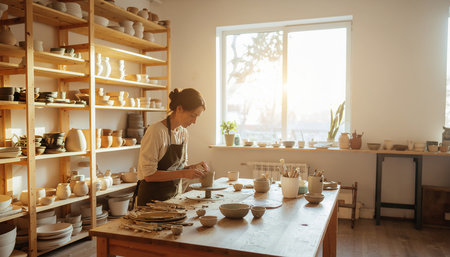 Working in pottery. Side view of young female potter working in pottery studio.の素材