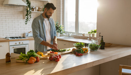 Young man cooking in the kitchen at home. Healthy food, vegetarian and dieting concept.の素材