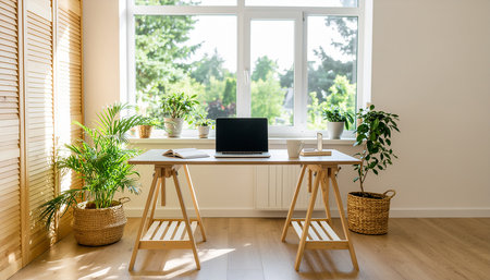Interior of a modern living room with a laptop, plants and a windowの素材