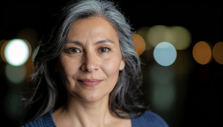 Portrait of senior Asian woman looking at camera in the city at nightの素材