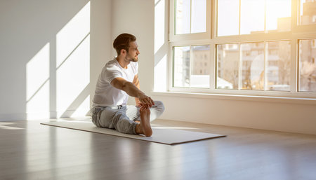 Young man practicing yoga at home, sitting on a mat and meditatingの素材