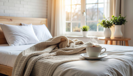 Coffee cup with warm blanket on bed in bedroom interior.の素材