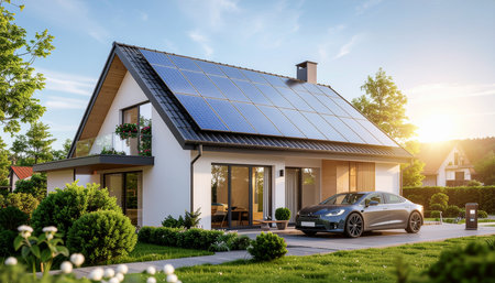 Modern house with solar panels installed on the roof. Solar panels installed on the roof.の素材