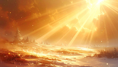 Fantasy winter landscape with snow covered trees and rays of the sunの素材