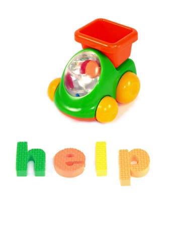 Help sign and children toy car, isolated.の写真素材