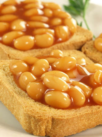 Close up of toasts with baked beansの写真素材