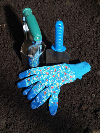 Gloves, spade, garden tools on black soilの写真素材
