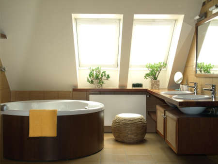 New fasionable bathroom in brown and white colorsの写真素材