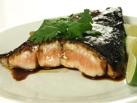 Prepared salmon fillet on a plate, isolated