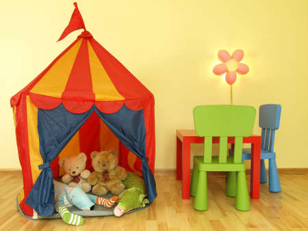 Children s tent with soft toysの写真素材