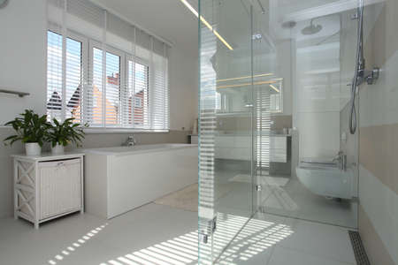 White modern bathroom in stylish houseの写真素材