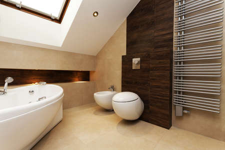 Toilet, bidet and huge washtub in stylish bathroom