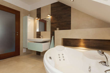 Interior of contemporary bathroom with white bathtub
