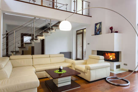 Big and comfortable living room with bright sofaの写真素材