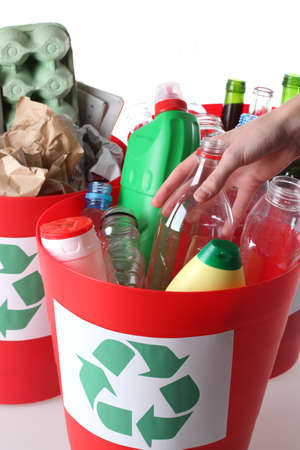 Recycling baskets- plastic, glass and paper segregation, isolatedの写真素材