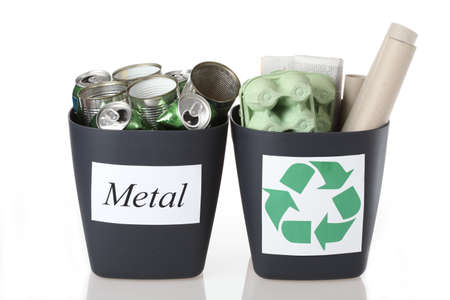 Two recyclable bins: metal tins and paperの写真素材
